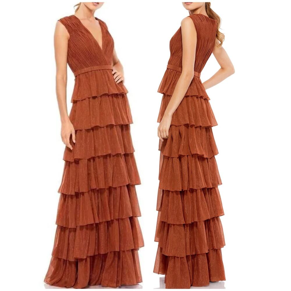 Mac Duggal NWT Orange Sparkly Sleeveless Chiffon Tiered Ruffled Gown Size 22